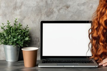 Fototapeta premium A laptop mockup with a blank screen, placed on a modern desk alongside a metal pot with a lush green plant, a paper coffee cup, and a partial view of a person with wavy red hair