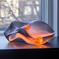 Obraz premium Surreal sculpture of translucent organic form with glowing lights on purple table by window