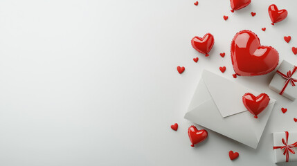 Fototapeta premium valentine’s Day gifts, love letters, and red heart balloons on a white background.