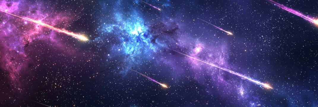 space meteorites flying across the starry sky.