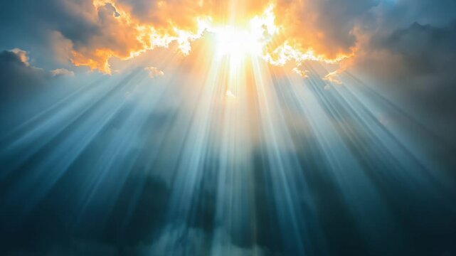 Beautiful landscape of cloudscape with large, building clouds and sunset behind shining sun rays, rays of light, and eventually breaking through cloud mass.