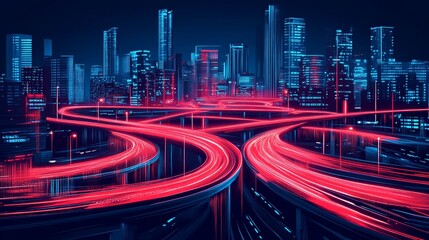 Fototapeta premium Neon-lit cityscape at night with intertwining highways showcasing vibrant vehicular traffic