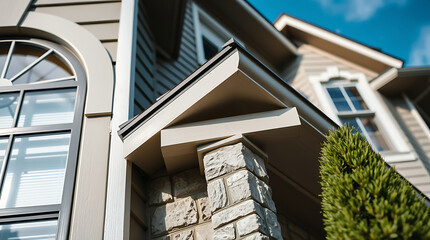 Obraz premium Exterior View of Residential House with Stone Pillar and Arch Window