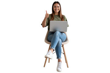 Modern young woman in a green shirt and jeans, using a laptop and giving a thumbs-up