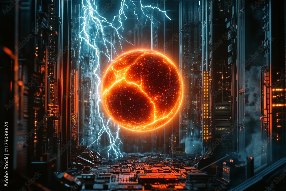 Poster abstract composition of a glowing circular energy core surrounded by electric wires and structures