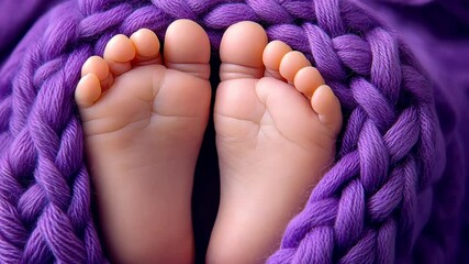 Baby's feet are shown in a purple blanket. The blanket is knitted and has a fuzzy texture. The baby's feet are positioned in the center of the blanket, with one foot slightly higher than the other