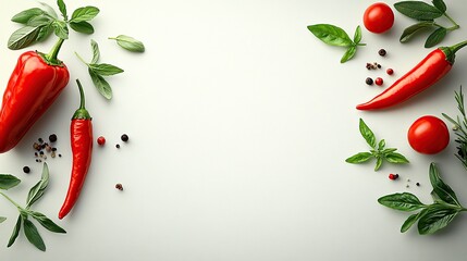Arrangement of Fresh Vegetables and Herbs on Light-Colored Background