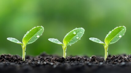 Naklejka premium A close-up of vibrant green seedling sprouts emerging from rich, dark soil, with tiny dew drops clinging to their delicate leaves