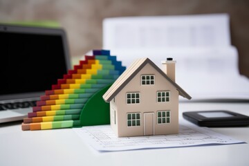 Person calculating electricity bill for energy efficiency document with colorful house model nearby