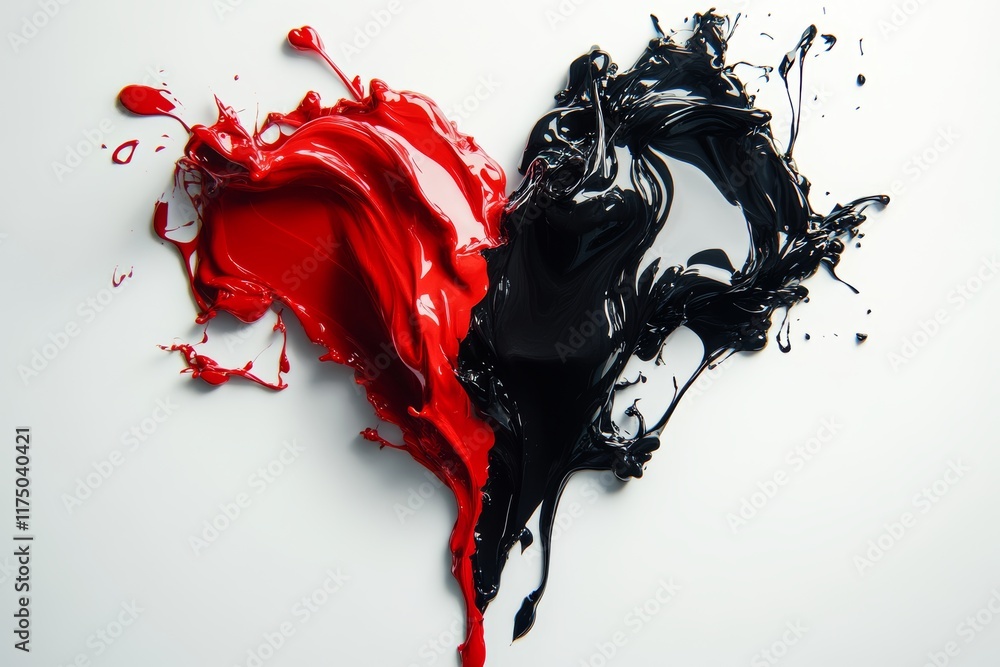 Poster abstract heart shape created by black and red liquid merging on a white background in digital art