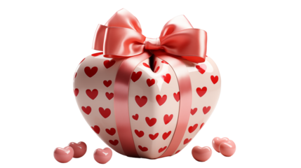 Heart-shaped gift box with red hearts and pink ribbon, Valentines Day, studio view, isolated on transparent background.