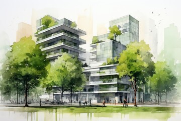 Urban green building design  modern architecture surrounded by lush park and cityscape illustration