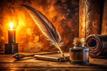 Panoramic Vintage Quill Pen, Inkwell, and Old Paper - Antique Writing Set