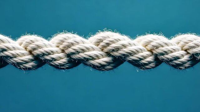 Rope is twisted and knotted together. The rope is white and the blue background is very clear