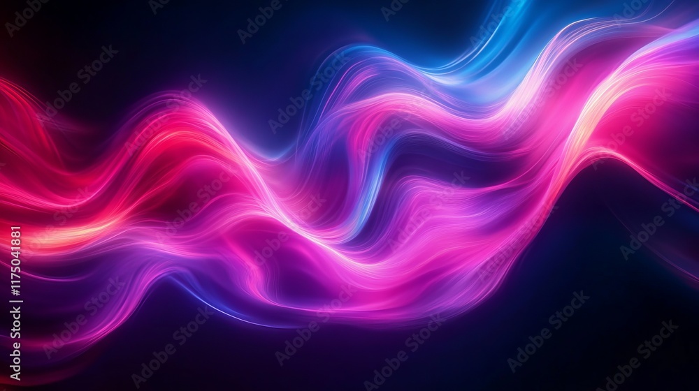 Poster vibrant holographic wave patterns illuminating a dark background with colorful light reflections