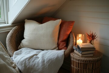 Cozy corner: wicker chair, pillows, blanket, books, candlelight.