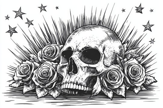Punk Skull Mohawk Roses Stars - A rebellious punk skull with a mohawk, surrounded by roses, symbolizes defiance, beauty, mortality, and the contrast between harshness and delicacy.  Stars add to the d