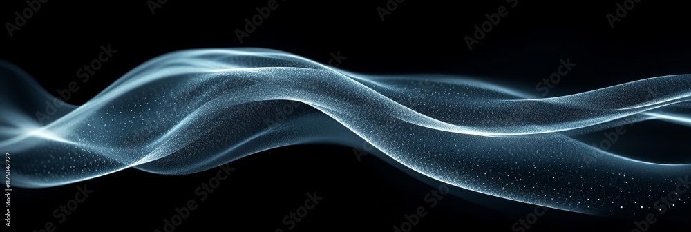Poster flowing holographic waves illuminated against a dark background create an ethereal atmosphere