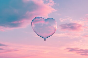 Fototapeta premium A heart - shaped bubble floating in a dreamy pastel sky, with room for text below Valentine’s Day card