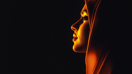 A simple silhouette of a woman in a hijab, highlighted by glowing lines, minimalist dark background.
