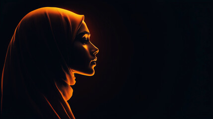 A simple silhouette of a woman in a hijab, highlighted by glowing lines, minimalist dark background.