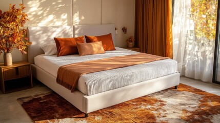 A cozy bedroom features a plush bed adorned with soft, inviting pillows in neutral tones. 