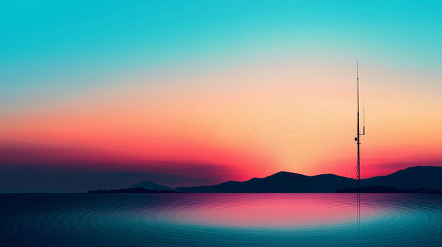 A simplified graphic of a radio antenna emitting circular sound waves in a serene gradient.