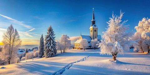 Panoramic Winter Church Landscape: Snow Covered Steeple & Scenic View