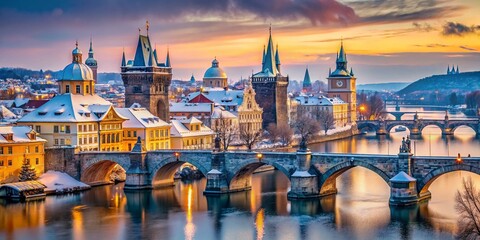 Naklejka premium Panoramic Winter View of Charles Bridge, Prague, Czech Republic