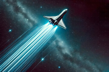 Naklejka premium A space shuttle rushing into the starry sky. Space for text.