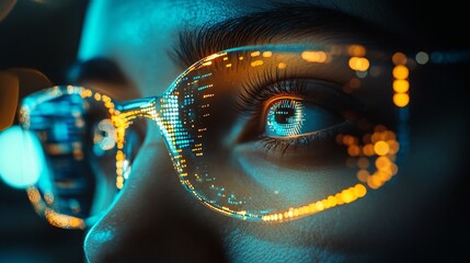 Holographic glasses reflecting digital patterns during a night event in a vibrant urban setting