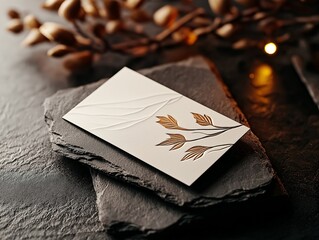A close-up of an embossed business card mockup with golden leaf patterns, placed on layered black slate stones and surrounded by warm decorative lighting, creating a natural and luxurious look