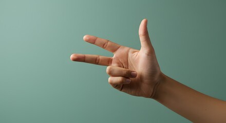 Hand making counting sign on neutral backdrop with minimalistic style representing communication interaction and numerical concept for business education