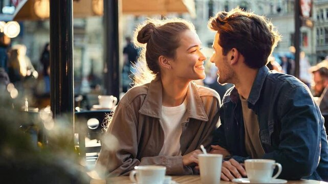 A couple of a young man and woman sitting at a cafe outside talking and drinking coffee in spring.