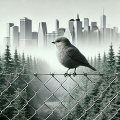 Bird on the fence against the background of the metropolis.