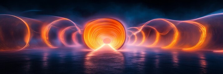 Vibrant holographic tunnel illuminated by an orange light, creating an otherworldly atmosphere