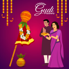 Indian festival couple illustration, happy Gudi Padwa Indian festival, Happy Indian couple