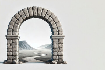 Stone arch overlooking the winding road. Space for text.