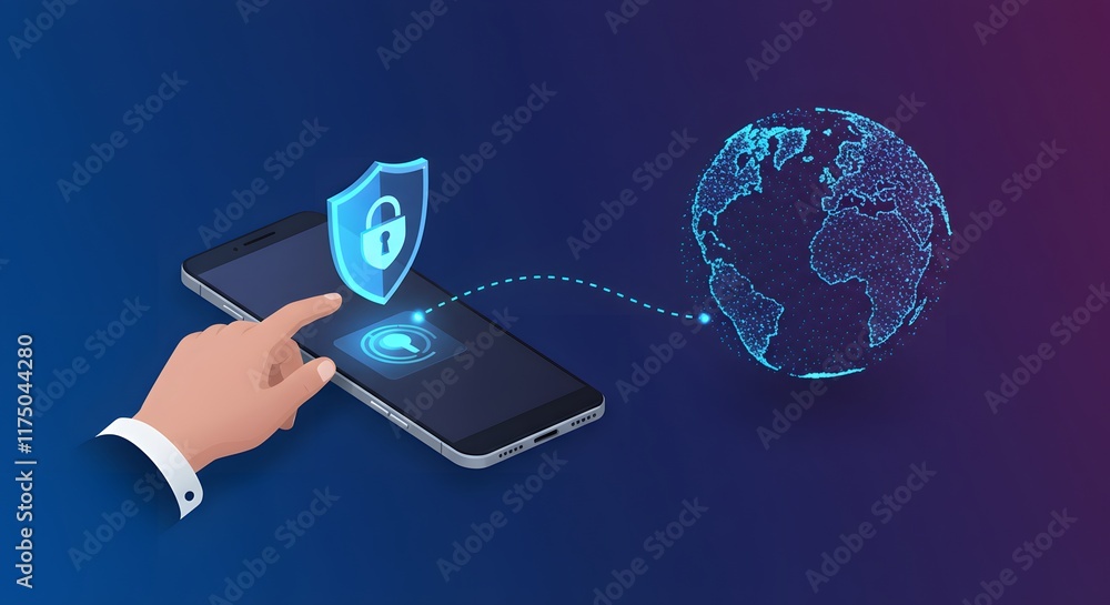Aufkleber hand interacting with global data shield on smartphone for secure digital communication in modern ve