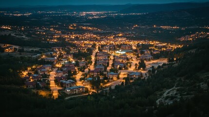Obraz premium Night Lights Illuminate a Hillside Town, Aerial View