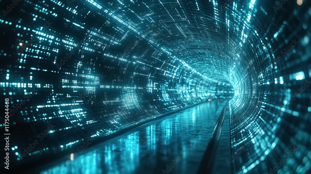 Poster futuristic holographic tunnel with glowing data streams creating an immersive experience at night