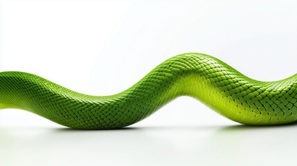 Close-up of a vibrant green snake's scales displaying detailed texture and elegant curves against a white background.