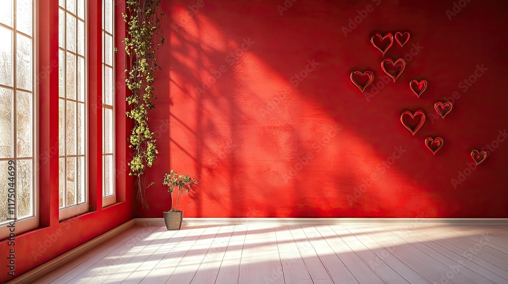 Poster valentines day design with a vivid red wall and heart motifs, leaving ample space for customized tex