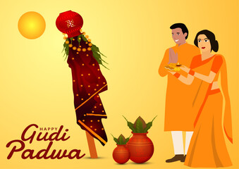 Indian festival couple illustration, happy Gudi Padwa Indian festival, Happy Indian couple
