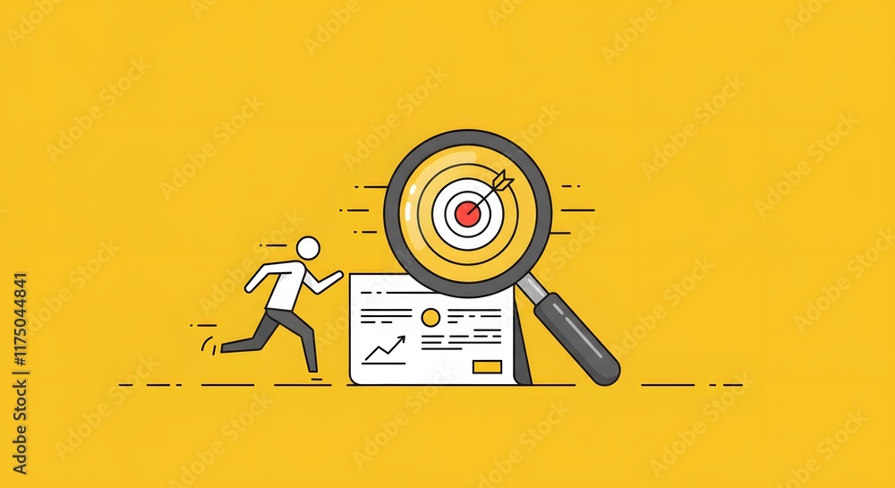 Poster target driven effort symbolized by dynamic magnifying glass focus, animated figure sprinting to busi