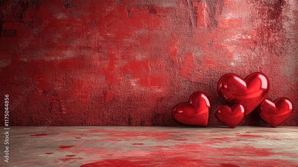 Poster valentines day design with a vivid red wall and heart motifs, leaving ample space for customized tex