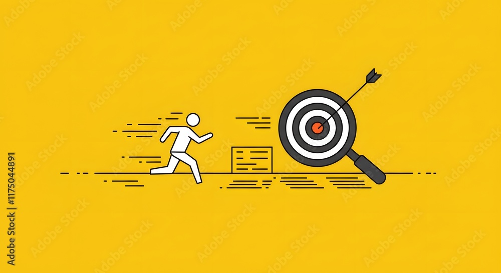 Poster target driven effort symbolized by dynamic magnifying glass focus, animated figure sprinting to busi