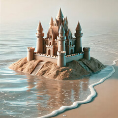 A sand castle at the water's edge.