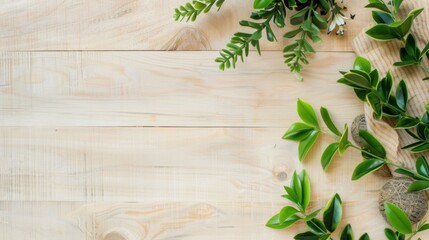 Top-View Wood/Plywood Backdrop and a Light Wooden Table with Nature Pattern & Color Set Against an Abstract Background