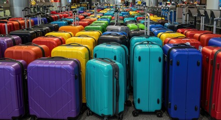 Colorful luggage array, vibrant suitcases, rainbow of travel bags, organized rows, airport baggage claim, hard-shell rolling cases, diverse sizes and hues, travel essentials, geometric patterns, order